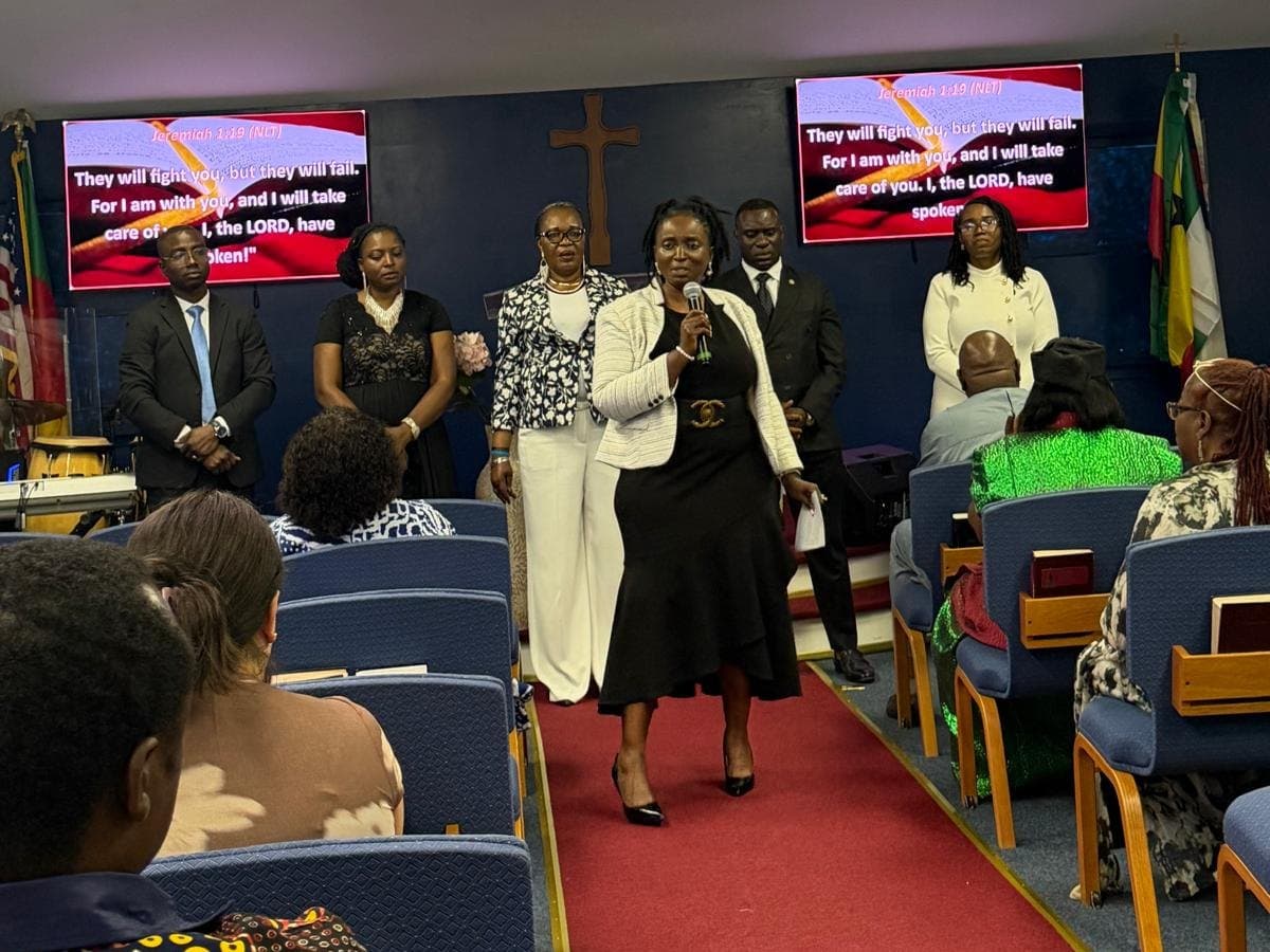 The evangelism team being commissioned at the front of the sanctuary